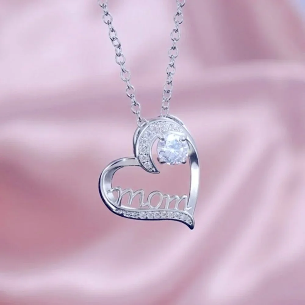 New Beautiful 925 Silver Diamond Mom Heart Necklace
